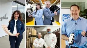 Anita Lafer (Great Lengths) (l.), Andrea und Gerald Resch (Resch Fertigungstechnik und Prototypenbau) (Mitte oben), Sonja Vikas, Leitung Kommunikation Marcher Fleischwerke, mit Johannes Vogel, Betriebsleiter Loidl (Mitte unten) und Dietmar Niederl (Dinitech) (r.)