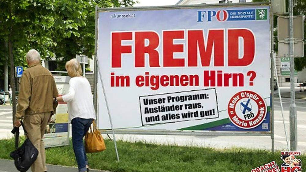 Die "Blutgruppe HC Negativ" interpretierte ein FPÖ-Plakat neu.