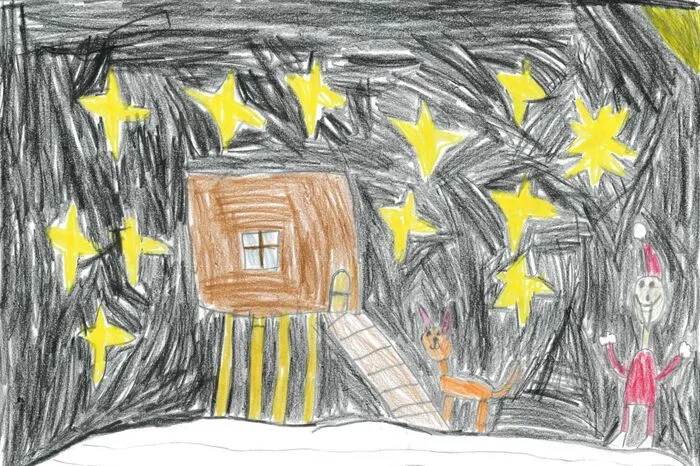Türchen Nummer 3: Tomte Tummetott ist ein Wichtel – erfunden hat ihn die bekannte Autorin Astrid Lindgren. Jonas Strobl (7 Jahre) aus Fieberbrunn hat ihn gemalt.