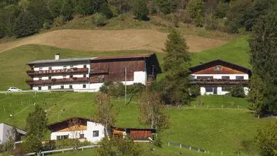 Ein Bauernhof mit mehreren Gebäuden auf einem Hügel am Waldrand