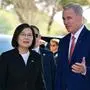 TOPSHOT - US Speaker of the House Kevin McCarthy (R-CA) (R) speaks with Taiwan President Tsai Ing-wen while arriving for a bipartisan meeting at the Ronald Reagan Presidential Library in Simi Valley, California, on April 5, 2023. - Duelling demonstrations from both pro-Beijing and pro-Taipei camps gathered at the Ronald Reagan Presidential Library in Simi Valley for Tsai's arrival on what is officially a stop-over between Latin America and the self-ruled island. (Photo by Frederic J. Brown / AFP)