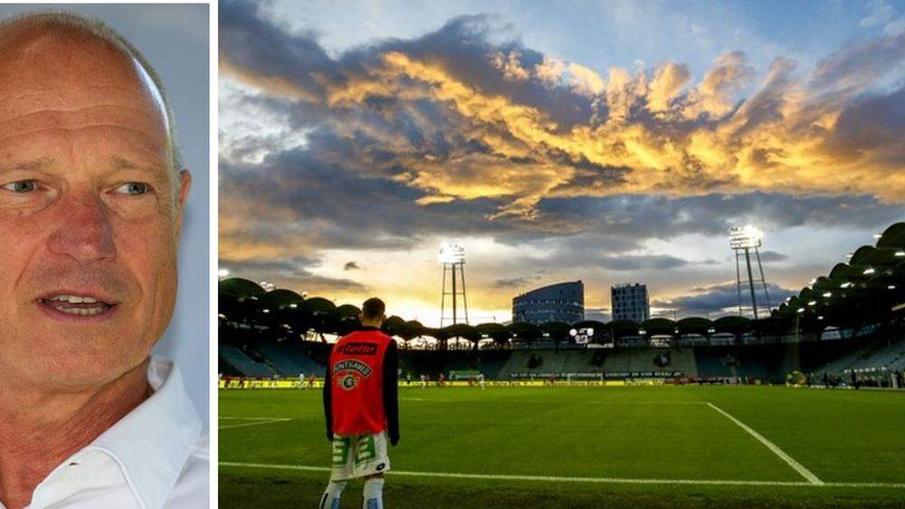 Dunkle Wolken über der Arena in Graz-Liebenau, links Stadionmanager Gerald Pototschnig