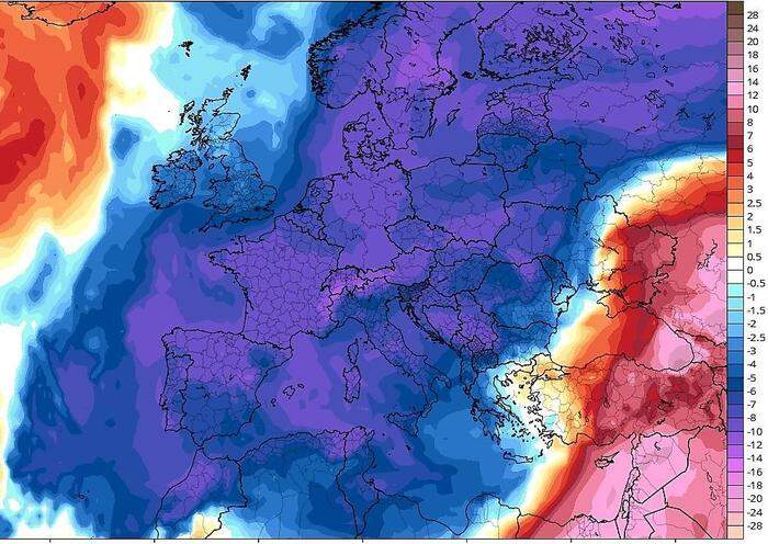 Laut ECMWF-Modell ist es nächsten Dienstag europaweit um rund zehn Grad kälter als im langjährigen Schnitt