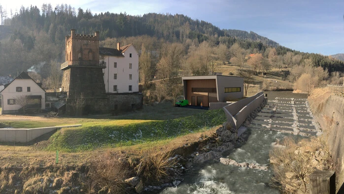 Visualisierung des geplanten Wasserkraftwerks neben dem historischen Hochofen | Moderne Pendelrampe statt altem Querbau: So soll das neue Kraftwerk Hammer fertig aussehen