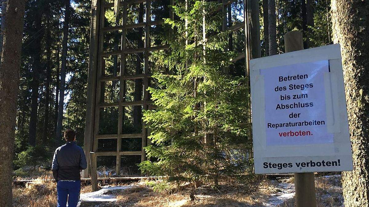 Der Holzsteg beim &quot;Dom des Waldes&quot; darf derzeit nicht betreten werden 