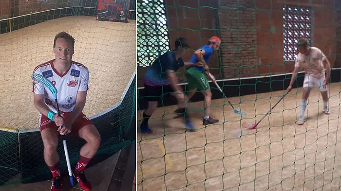 KAC-Center Andreas Pfeifer hat nun seine eigene Minifloorballhalle bei sich daheim (li.), beim Floorball-Eröffnungsturnier ging es zur Sache  