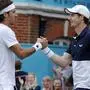 Andy Murray of Britain celebrates with Feliciano Lopez of Spain winning their doubles match against Juan Sebastian Cabal and Robert Farah of Colombia at the Queens Club tennis tournament in London, Thursday, June 20, 2019.(AP Photo/Frank Augstein)