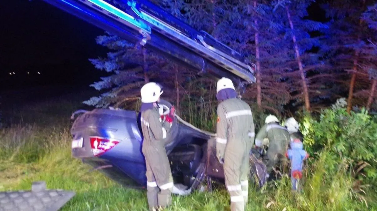 Das Auto landete am Dach zwischen Bäumen