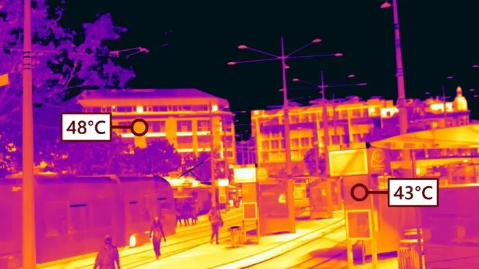 Das Bild zeigt den Grazer Jakominiplatz nach Oberflächentemperaturen gefärbt. Besonders heiß ist der Boden mit 60 Grad.