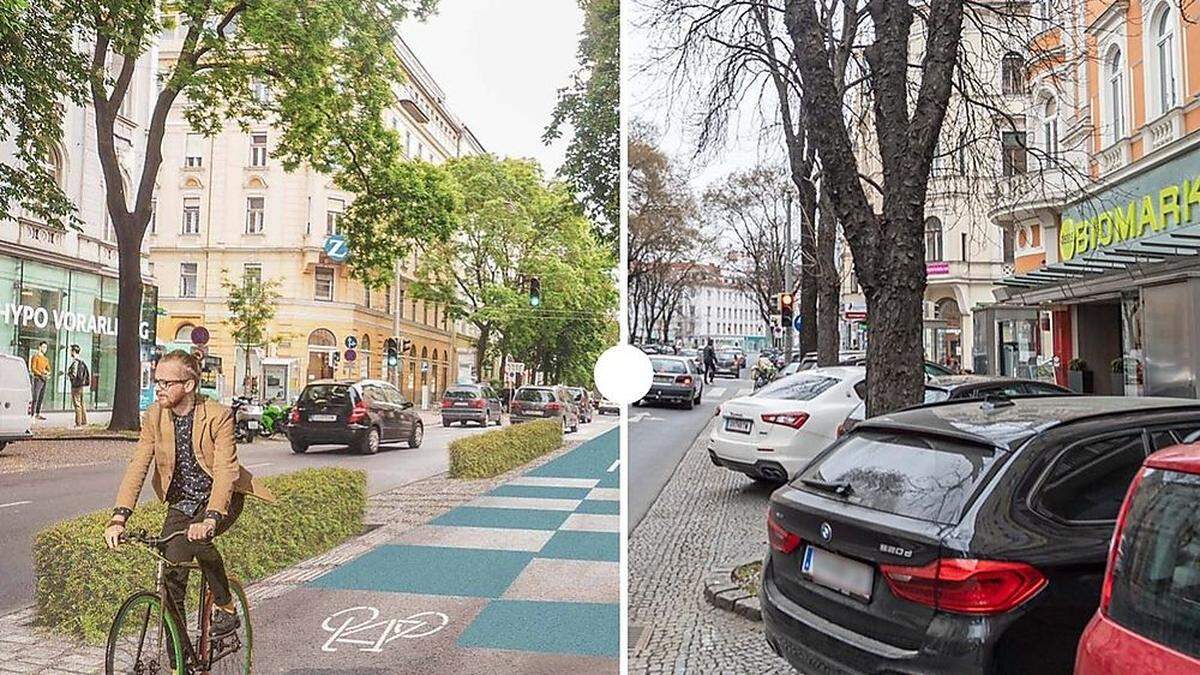 Nachher und Vorher: Der Joanneumring soll Radfahrern und Fußgängern mehr Platz bieten