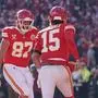 NFL, American Football Herren, USA Houston Texans at Kansas City Chiefs Dec 21, 2024 Kansas City, Missouri, USA Kansas City Chiefs tight end Travis Kelce 87 celebrates with quarterback Patrick Mahomes 15 after Mahomes touchdown against the Houston Texans during the first half at GEHA Field at Arrowhead Stadium. Kansas City GEHA Field at Arrowhead Stadium Missouri USA, EDITORIAL USE ONLY PUBLICATIONxINxGERxSUIxAUTxONLY Copyright: xDennyxMedleyx 20241221_dam_sm8_228
