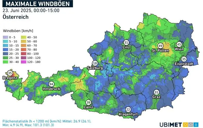The gusts of wind over Austria 