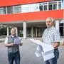 Karl-Heinz Huber (am Bild rechts) und Martin Vany (Gebäudeverantwortlicher in Villach) auf der Baustelle am Villacher Standort