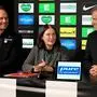 GRAZ,AUSTRIA,09.APR.25 - SOCCER - SK Sturm Graz, presentation Trainingszentrum Puntigam, press conference. Image shows business director Thomas Tebbich (Sturm), mayor Elke Kahr (Graz) and president Christian Jauk (Sturm).
Photo: GEPA pictures/ Michael Riedler