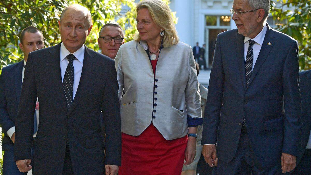 Wladimir Putin, Karin Kneissl und Alexander Van der Bellen im Jahr 2019