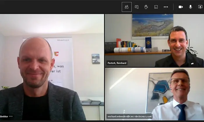 Bildungsdirektor Robert Klinglmair, Reinhard Pasterk (oben rechts) und Michael Velmeden haben im Rahmen einer Online-Pressekonferenz "Werbung" für die Lehre in Kärntner Industriebetrieben gemacht