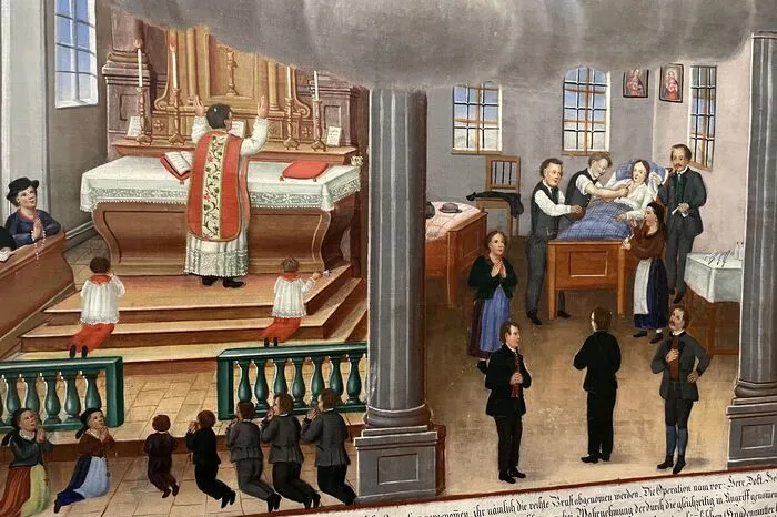 Kirchliches Bild von einer der ersten Brustkrebsoperationen  (Oppenberg)