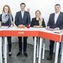 Jakob Schwarz (Grüne), Fiona Fiedler (Neos), Hannes Amesbauer (FPÖ), Juliane Bogner-Strauss (ÖVP) und Jörg Leichtfried (SPÖ) mit Claudia Gigler im TV-Studio der Kleinen Zeitung