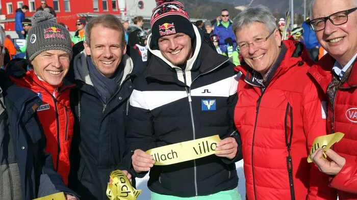 Andreas Goldberger, SPÖ-Geschäftsführer Andreas Sucher, Olympiasieger Thomas Morgenstern, Landeshauptmann Peter Kaiser und Landtagspräsident Reinhart Rohr (von links)