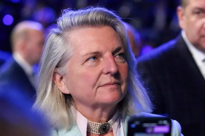 Karin Kneissl, former Minister of Foreign Affairs of Austria seen during the plenary session on the St. Petersburg International Gas Forum, which is taking place at the Expoforum. (Photo by Maksim Konstantinov / SOPA Images/Sipa USA)