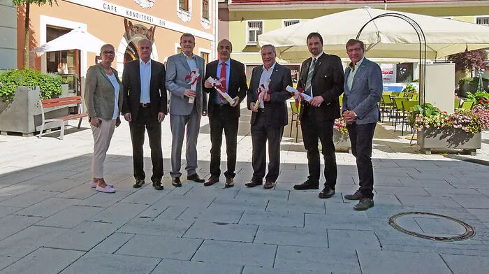 Romen-Kierner, Fuchs, Rudischer, Wegscheider, Straßegger, Lenger und Skazel (v. l.) mit den Urkunden