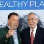 (LtoR) US-Austrian actor, businessman and former Governor of California Arnold Schwarzenegger, and Austrian President Alexander Van der Bellen pose for a photo during the 8th Austrian World Summit themed “Be Useful: Tools for a Healthy Planet” at the Hofburg Palace in Vienna, Austria, on June 20, 2024. The annual climate conference "Austrian World Summit" is the centerpiece of the "Schwarzenegger Climate Initiative". (Photo by Joe Klamar / AFP)