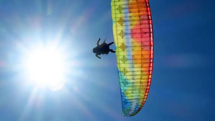 Man sieht einen Paragleiter von unten neben der Sonne