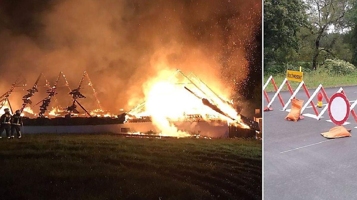 Links: Brand nach Blitzschlag in Pöllau.  Rechts: Die L604 ist bei St. Johann/Saggautal gesperrt, nachdem eine Autofahrerin aus den Fluten gerettet werden musste