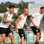 GRAZ,AUSTRIA,31.JUL.19 - SOCCER - UEFA Europa League qualification, SK Sturm Graz vs FK Haugesund, preview, training Sturm. Image shows Philipp Hosiner, Fabian Koch and Markus Lackner (Sturm). Photo: GEPA pictures/ Mario Buehner