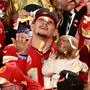 Kansas City Chiefs' quarterback #15 Patrick Mahomes with his son Patrick Bronze watches confettis as they celebrate winning Super Bowl LVIII against the San Francisco 49ers at Allegiant Stadium in Las Vegas, Nevada, February 11, 2024. (Photo by Patrick T. Fallon / AFP)