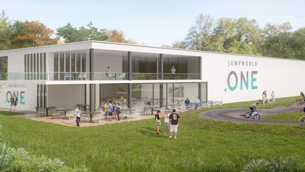 Auf 3400 Quadratmetern wird es Trampoline, Slackline, Spielplatz für Kleinkinder, Umkleiden, Gastronomie und mehr geben