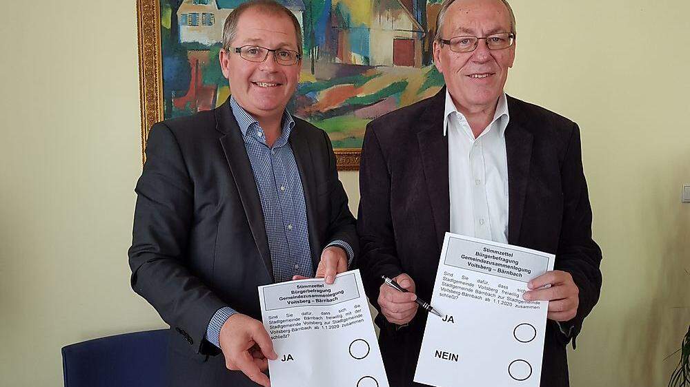 Die Bürgermeister Bernd Osprian (Bärnbach, links) und Ernst Meixner (Voitsberg) zeigten sich vor der Bürgerbefragung zuversichtlich 