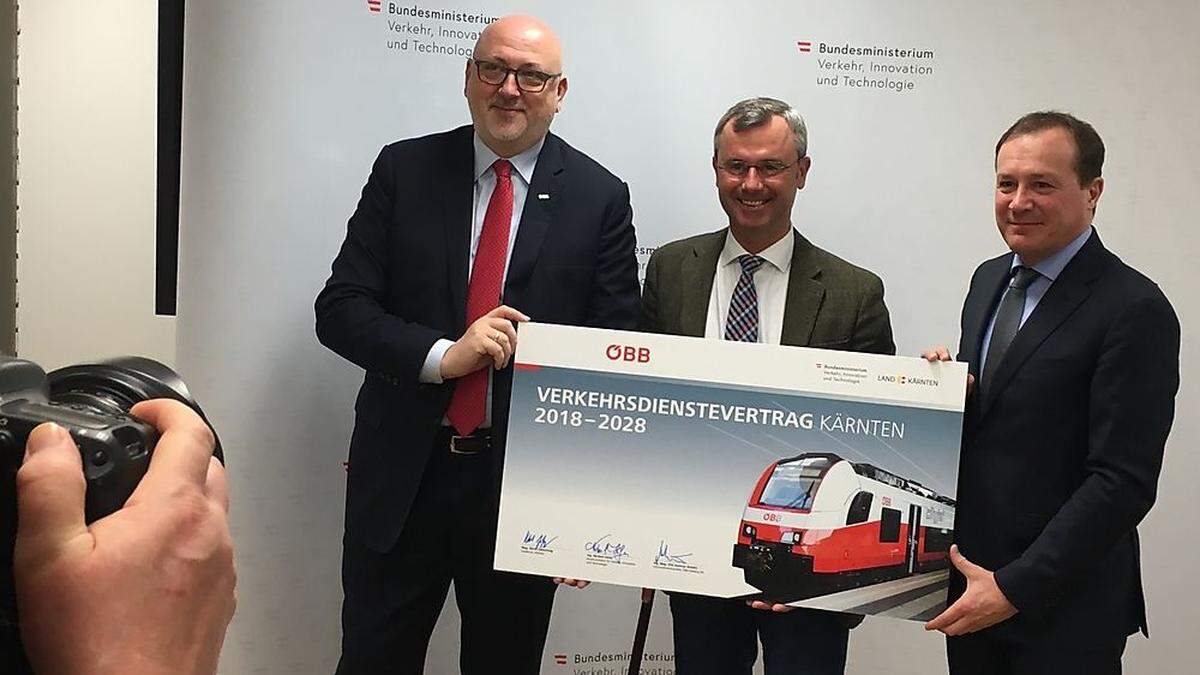 ÖBB-Vorstandschef Matthä, Verkehrsminister Hofer, Mobilitäts-Landesreferent Zafoschnig (von links)