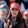 South Dakota Governor Kristi Noem speaks before former US President and Republican presidential candidate Donald Trump takes the stage during a Buckeye Values PAC Rally in Vandalia, Ohio, on March 16, 2024. (Photo by KAMIL KRZACZYNSKI / AFP)
