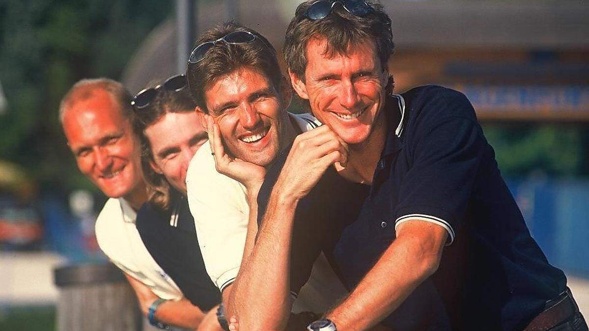 Stefan Petschnig, Georg Hochegger und Helge Lorenz mit Ironman-Aushängeschild Mark Allen (von links)