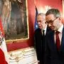 Austria's President Alexander van der Bellen (L) welcomes the leader of the far-right Freedom party (FPOe) Herbert Kickl for talks on January 6, 2025 at the presidential Hofburg Palace in Vienna, Austria. Austria's conservatives of the People's Party (OeVP) said on January 5, 2025 they were ready to start negotiations with the far-right Freedom party (FPOe) to form a new government, a policy U-turn after coalition talks with two centrist parties failed. (Photo by Joe Klamar / AFP)