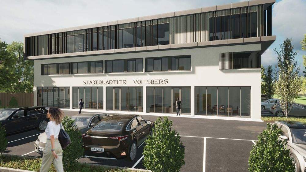 So soll das Stadtquartier in Voitsberg, das unter anderem ein großes Gesundheitszentrum beherbergen soll, aussehen