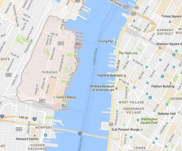 Karte zeigt Hoboken und das gegenüberliegende Manhattan