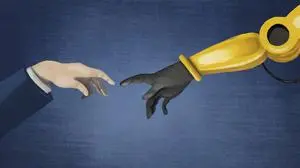 Hand eines Geschäftsmannes und eines Roboters berühren sich PUBLICATIONxINxGERxSUIxAUTxONLY Copyright: xLucianoxLozanox  