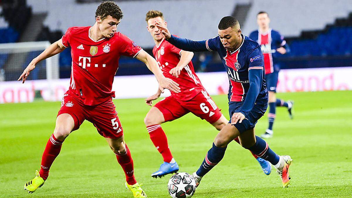 Kylian Mbappe (PSG) gegen Benjamin Pavard und Joshua Kimmich (Bayern München) im Duell 2021