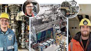 Pascal Zach (li.) wird Chemieverfahrenstechniker, Lukas Pölzl (Kreis) steuert Druckguss- Maschinen für Leichtmetallkomponenten, die in Autos verbaut werden, Jan Furtner rüstet Lkw am Erzberg von Diesel auf Strom um