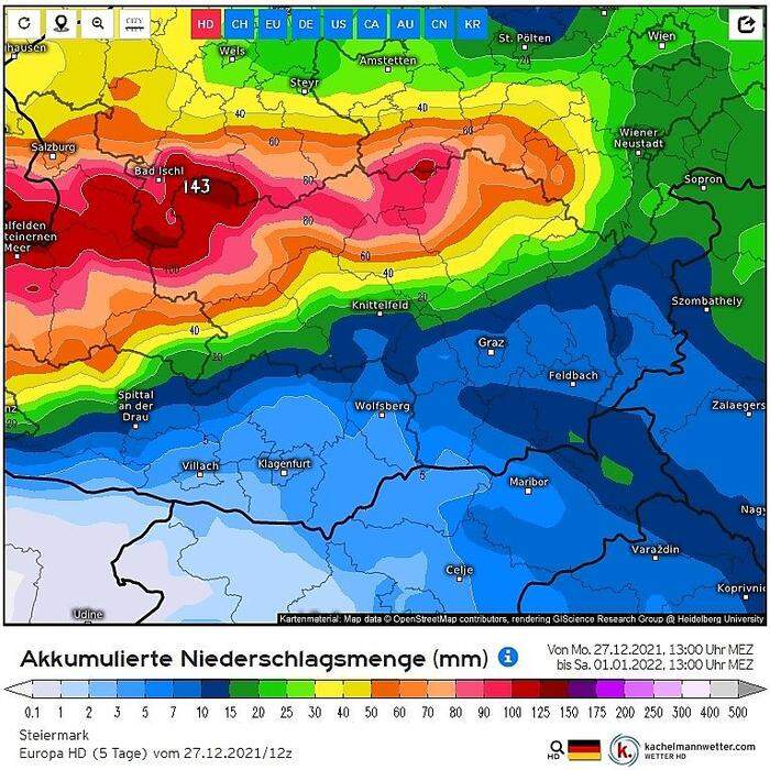 ... manche Modelle sagen für das Ausseerland bis Samstag aber auch mehr als 100 Liter Regen pro Quadratmeter voraus