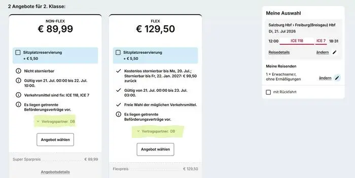Auch bei Buchungen über die ÖBB-Website kann die Deutsche Bahn zuständig sein