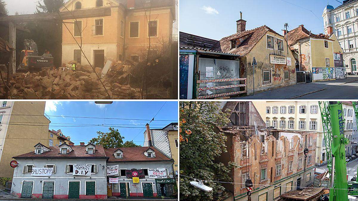 Immer wieder werden schützenswerte Häuser in Graz abgerissen: In der Hallerschlossstraße (links oben), am Dietrichsteinplatz, das alte Kommodhaus und das jetzt umkämpfte Girardihaus