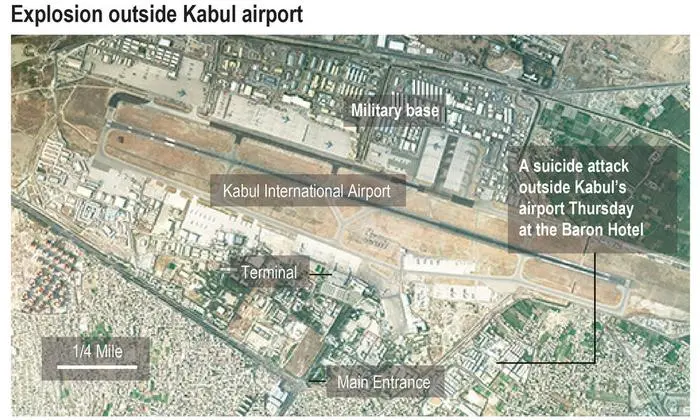 Satellite image shows Kabul International Airport and the location of an explosion near the Abbey Gate.