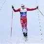 Johannes Hoesflot Klaebo, of Norway, crosses the finish line to win the gold medal in the cross-country men's mass start 50 Km at the Nordic World Ski Championships in Trondheim, Norway, Saturday, March 8, 2025. (AP Photo/Matthias Schrader)