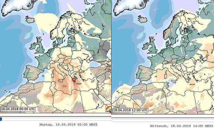 Links: Montagmittag liegt der Saharastaub noch über Österreich, am Mittwoch ist der Spuk vorbei (rechts)