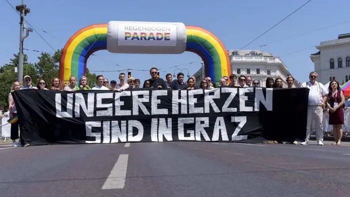 Austrian politicians remembering the victims of the recent school shooting in the city of Graz at the 29. Vienna Pride parade, taking place on Vienna™s famous Ringstrasse. Vienna Vienna Austria