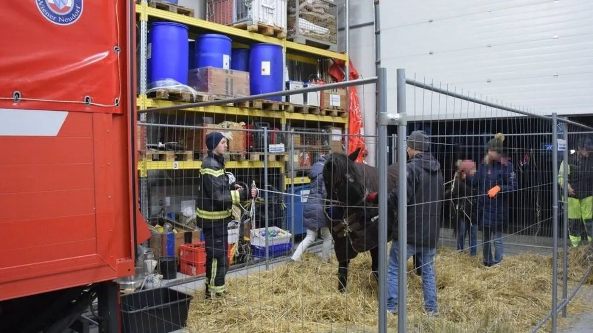 Die Stute hatte sich in der Trennwand eines Pferdeanhängers verfangen und konnte nicht mehr selbstständig aufstehen - eine Nacht durfte sie nach ihrer Rettung im Feuerwehrhaus verbringen
