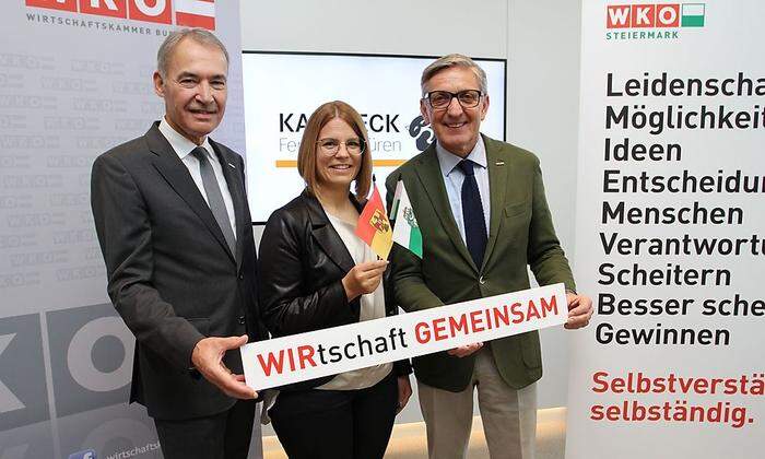 ): WK-Burgenland Präsident Peter Nemeth, Nina Katzbeck und WK-Steiermark Präsident Josef Herk fordern ein Aus für Grenzen bei Berufsschulen.